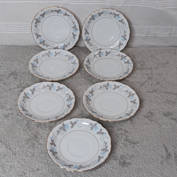 7 Vintage Harmony House Fine China Dawn Gray Horizon Blue Saucers Berries Leaves - Picture 1 of 7